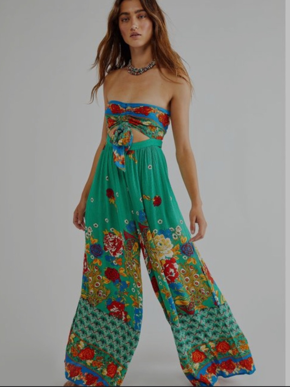 Free People Birds of Paradise Green Strapless Floral Tie-Front Jumpsuit Size S